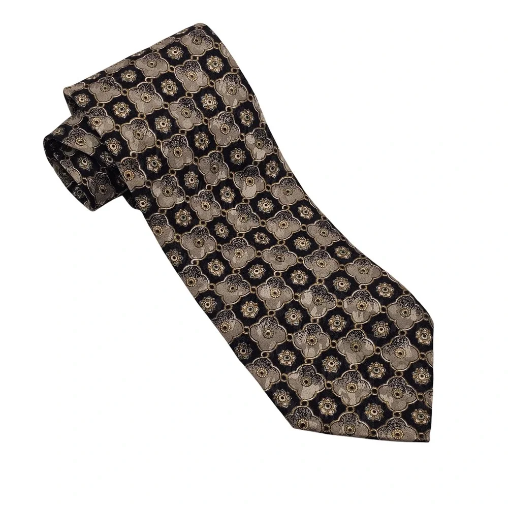 Brioni Silk Tie Black Grey Gold Geometric Floral Medallion Italy Designer Luxury